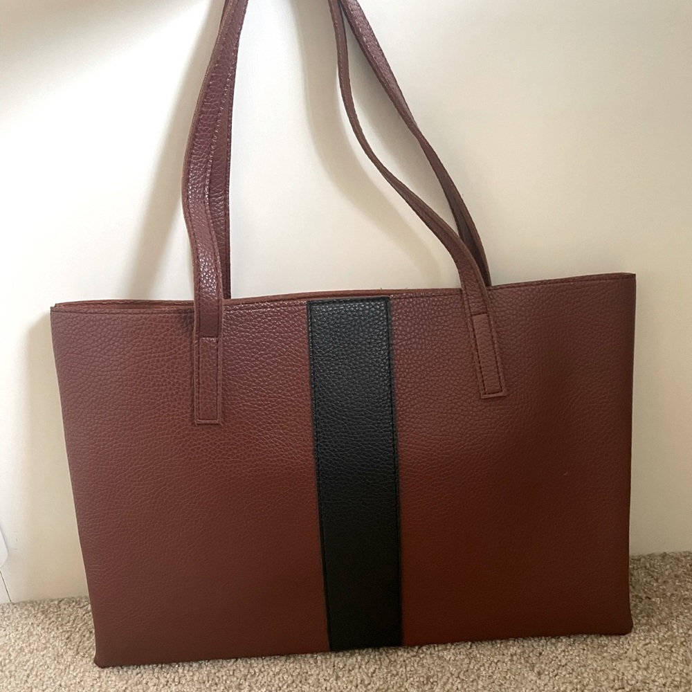 Vince Camuto Luck Tote NWOT Cognac Black Colorblock Vegan Leather Laptop Bag